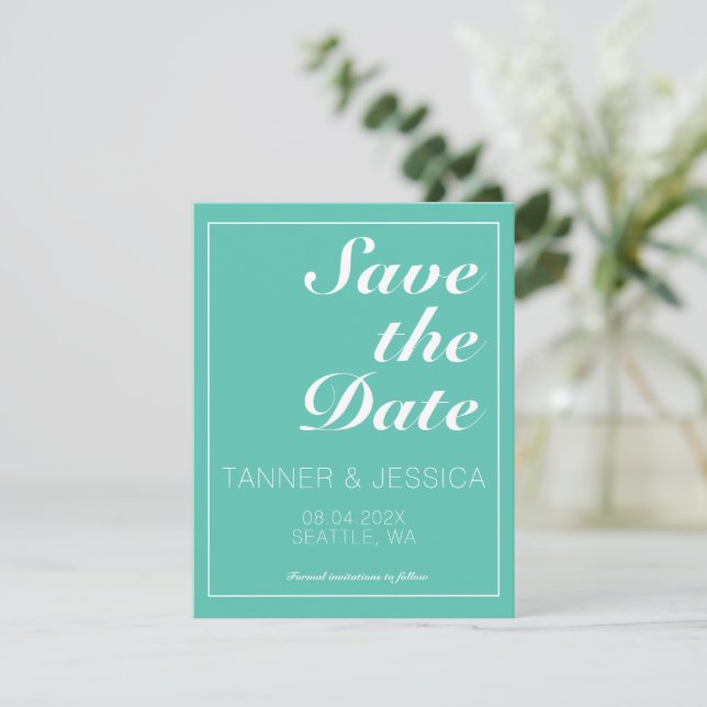 Modern Minimalist Aqua & White Save The Date (Standing Front)
