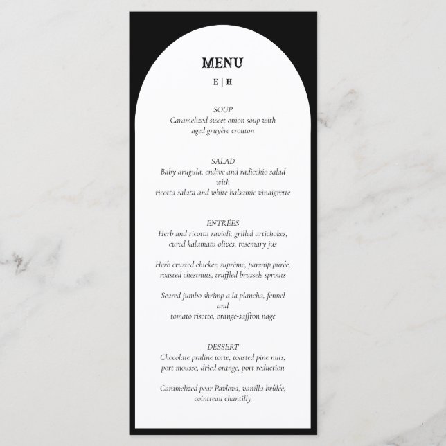 Modern Minimalist Arch Black White Wedding Menu (Front)