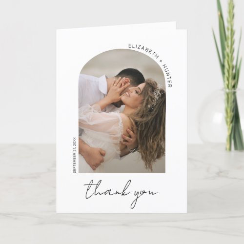 Modern Minimalist Arch Frame Script Wedding Photo Thank You Card