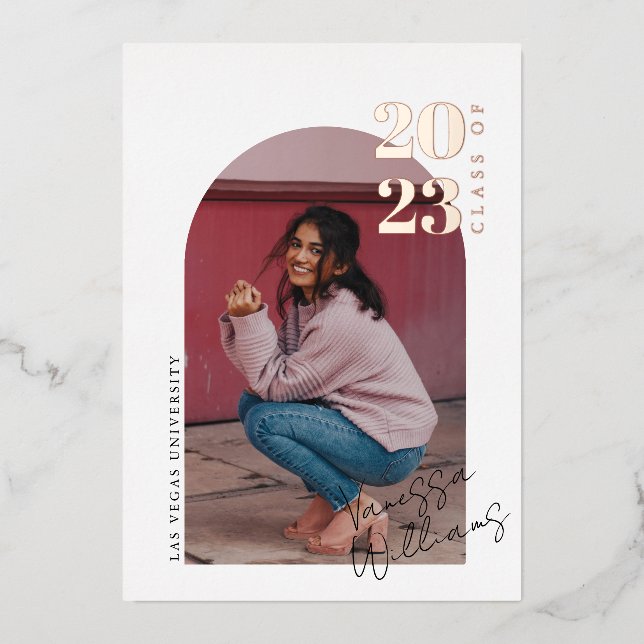 Modern Minimalist Arch Photo Graduation Party  Foil Invitation (Front)