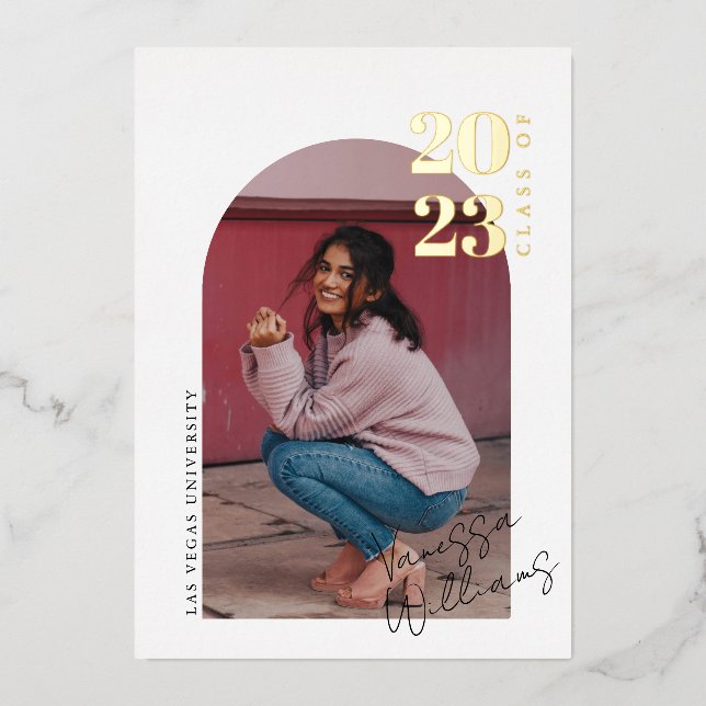 Modern Minimalist Arch Photo Graduation Party  Foil Invitation (Front)