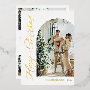 Modern Minimalist Arch Photo Merry Christmas Gold Foil Holiday Card