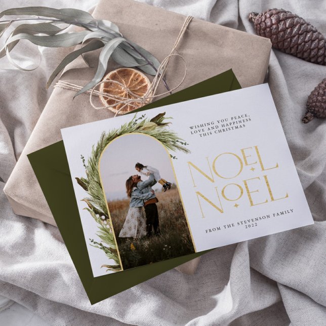 Modern Minimalist Arch Photo Noel Foil Holiday Card (Creator Uploaded)