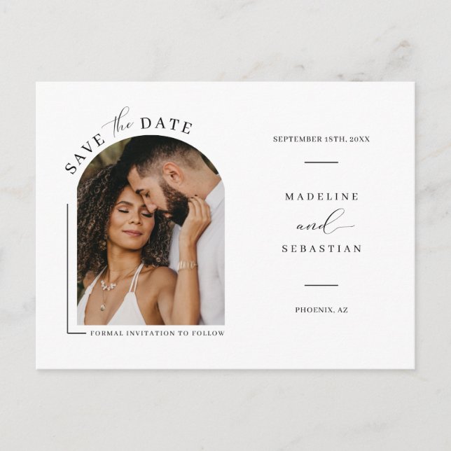 Modern Minimalist Arch Photo QR Code Save the Date Postcard (Front)