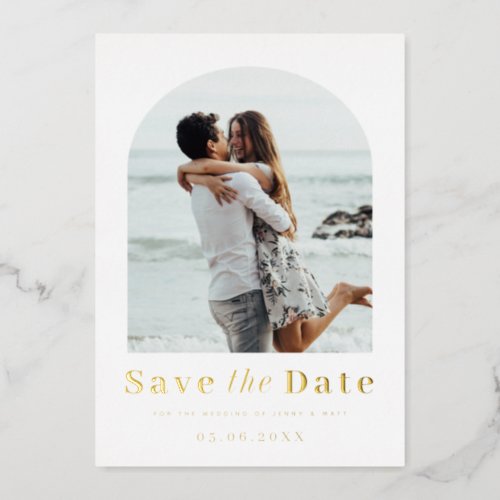 Modern minimalist arch photo save the date foil invitation