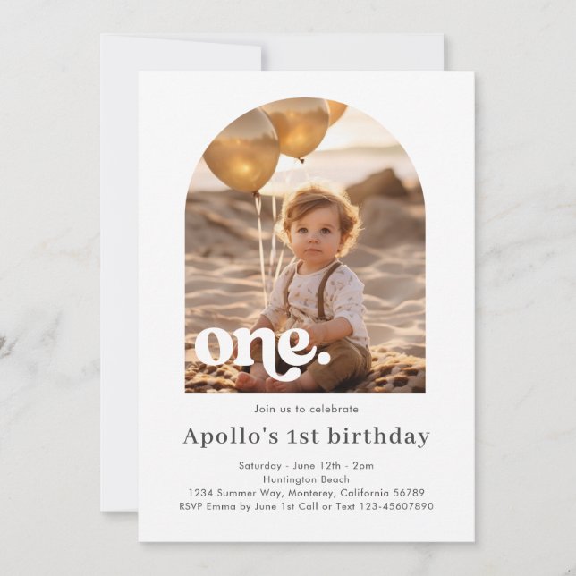 Modern Minimalist Arched Photo Frame 1st Birthday  Invitation (Front)