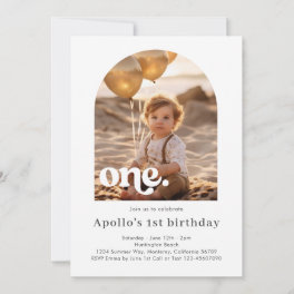Modern Minimalist Arched Photo Frame 1st Birthday Invitation