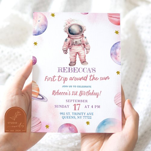 Modern Minimalist Astronaut Girls First Birthday Invitation