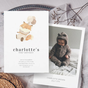 Modern Minimalist Baby Fox & Photo First Birthday Invitation