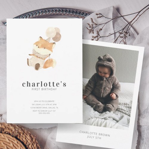 Modern Minimalist Baby Fox  Photo First Birthday Invitation