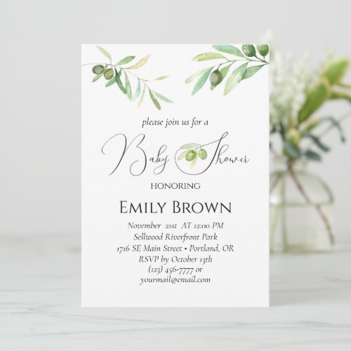 Modern minimalist baby shower olive branch invitation