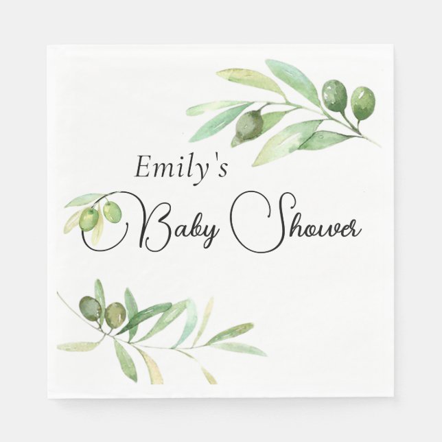 Modern minimalist baby shower olive branch napkins (Front)