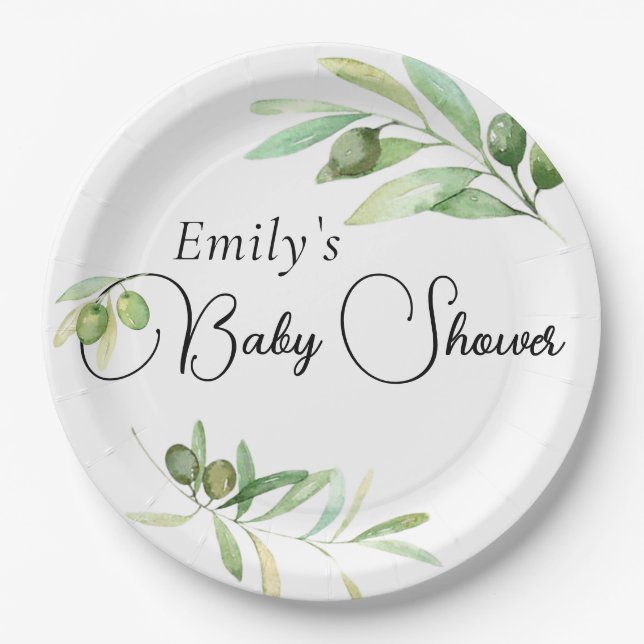 Modern minimalist baby shower olive branch paper plates (Front)