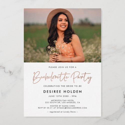 Modern minimalist Bachelorette Party photo Foil Invitation