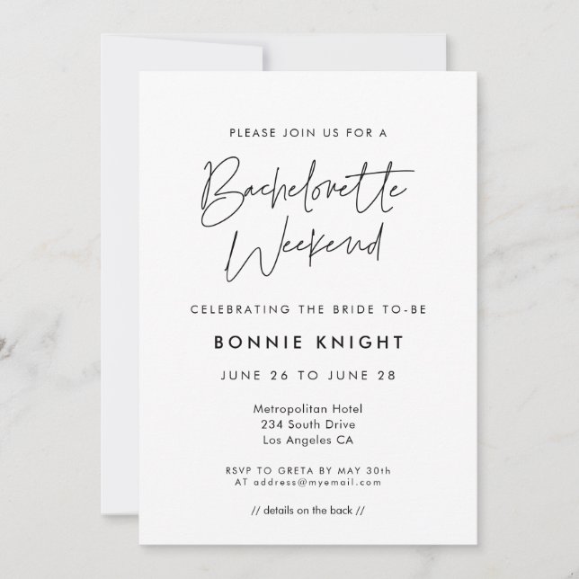 Modern minimalist Bachelorette Weekend Invitation (Front)
