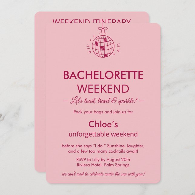 Modern Minimalist Bachelorette Weekend | Pink  Invitation (Front/Back)