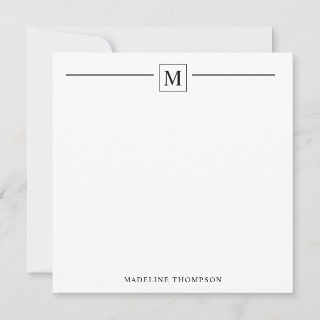 Modern Minimalist Basic Black Monogram Line Note Card (Front)