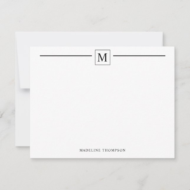 Modern Minimalist Basic Black Monogram Line Square Note Card (Front)