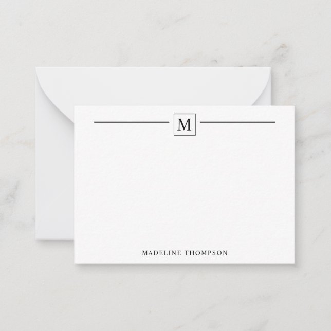Modern Minimalist Basic Black Monogram Line Square Note Card (Front)