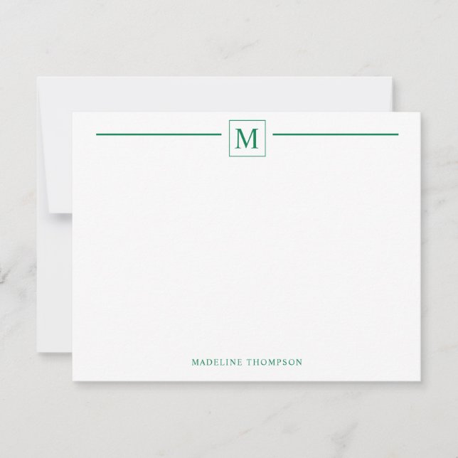 Modern Minimalist Basic Forest Green Monogram Line Note Card (Front)