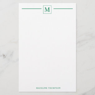 Modern Minimalist Basic Forest Green Monogram Line Stationery