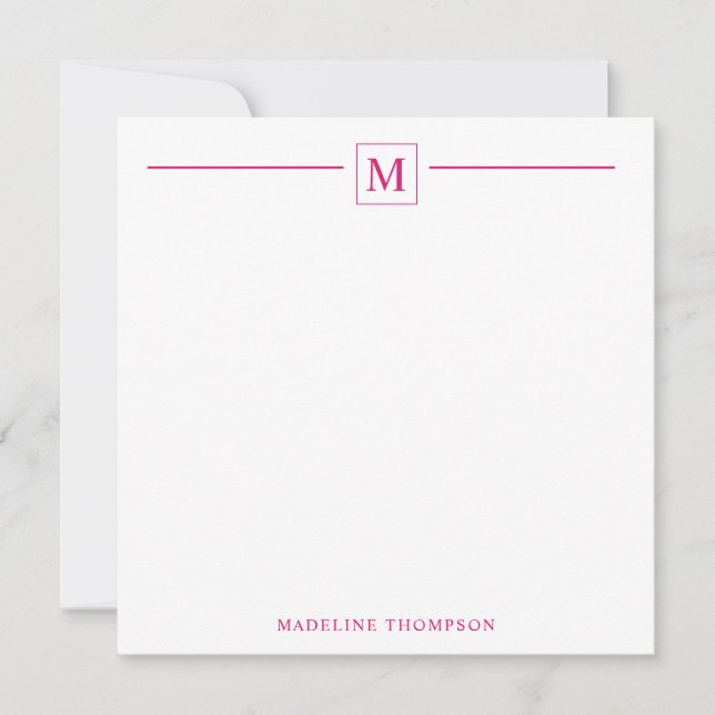 Modern Minimalist Basic Magenta Monogram Line Note Card (Front)