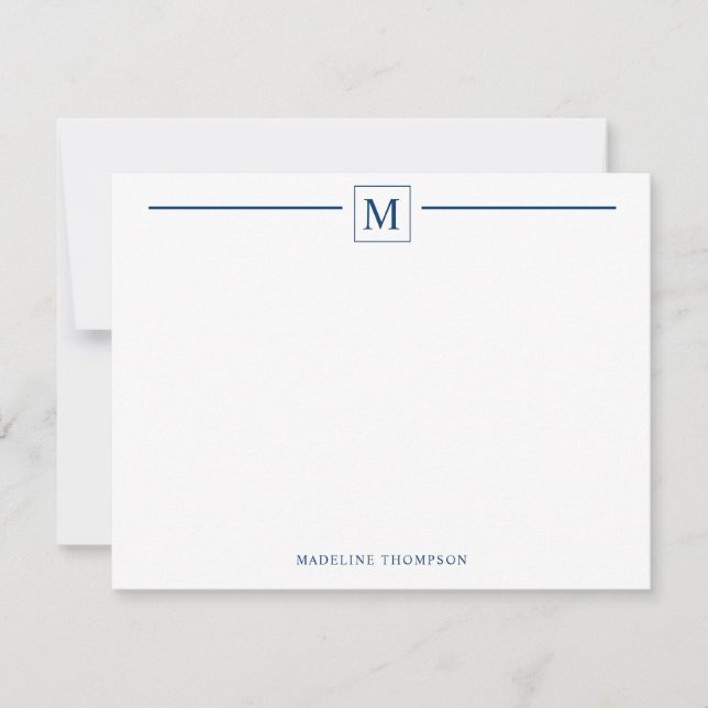 Modern Minimalist Basic Navy Blue Monogram Line Note Card (Front)