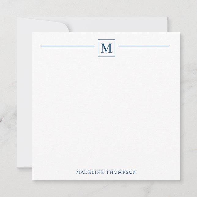 Modern Minimalist Basic Navy Blue Monogram Line Note Card (Front)