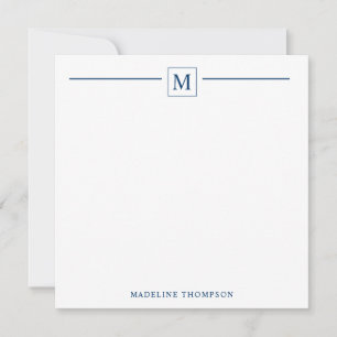 Modern Minimalist Basic Navy Blue Monogram Line Note Card