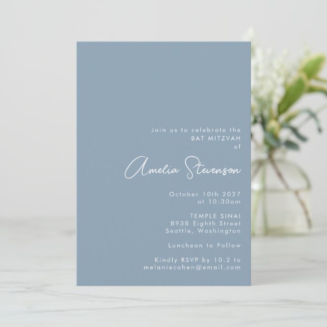 Modern Minimalist Bat Mitzvah Script Dusty Blue Invitation (Standing Front)