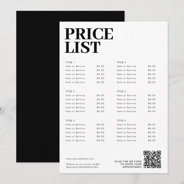 Modern Minimalist Beauty Price List Menu QR Code (Front/Back)