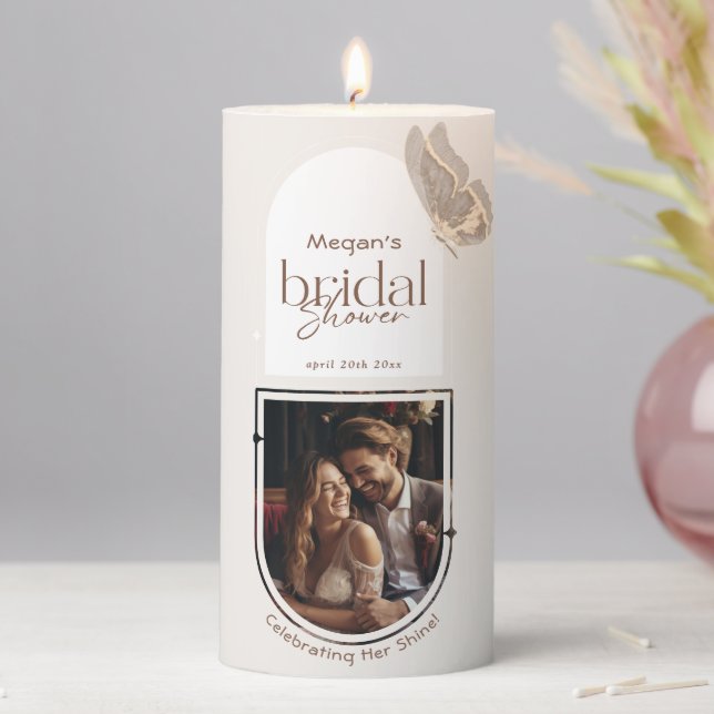 Modern Minimalist Beige Butterfly Bridal Shower Pillar Candle (In Situ)