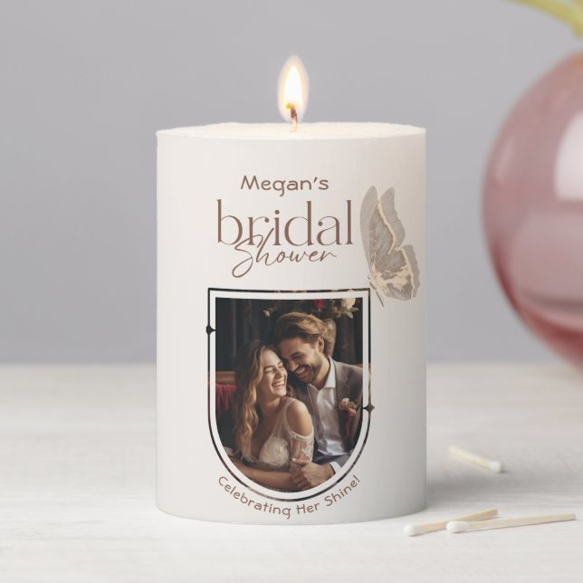 Modern Minimalist Beige Butterfly Bridal Shower Pillar Candle (In Situ)