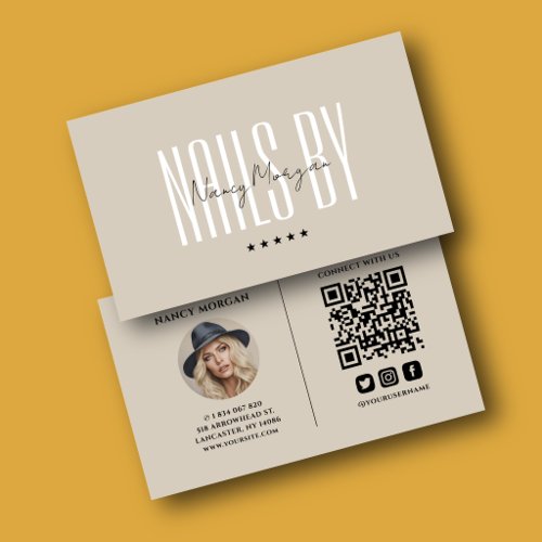 Modern Minimalist Beige Nail Tech Photo QR Code  Business Card