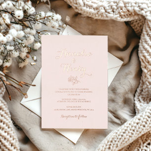 Modern Minimalist Beige Rose Gold Line Art Wedding Foil Invitation