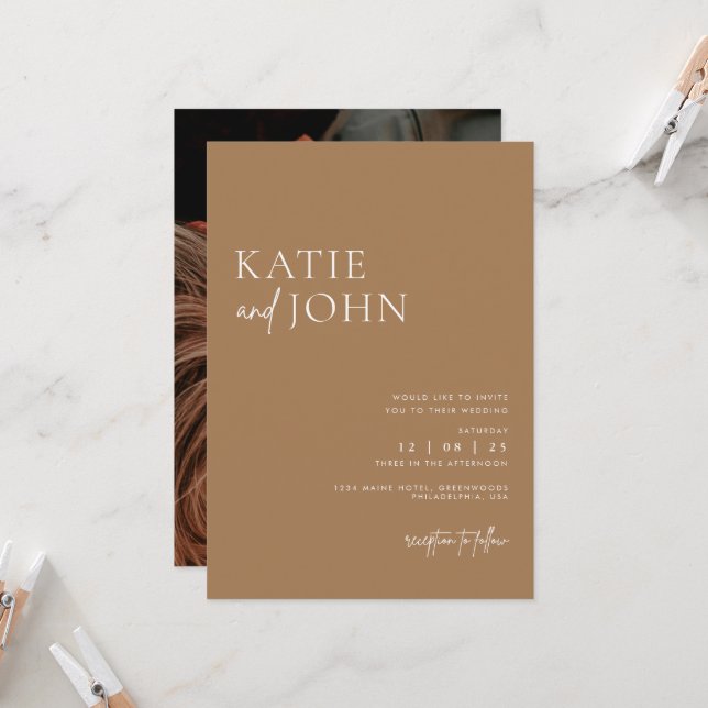 Modern Minimalist Beige Tan Boho Wedding Invitation (Front/Back In Situ)