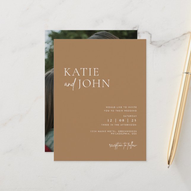 Modern Minimalist Beige Tan Boho Wedding Photo Announcement Postcard (Front/Back In Situ)