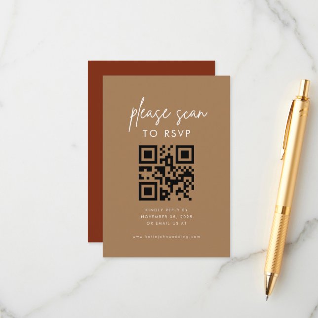 Modern Minimalist Beige Tan Please Scan RSVP Enclosure Card (Front/Back In Situ)