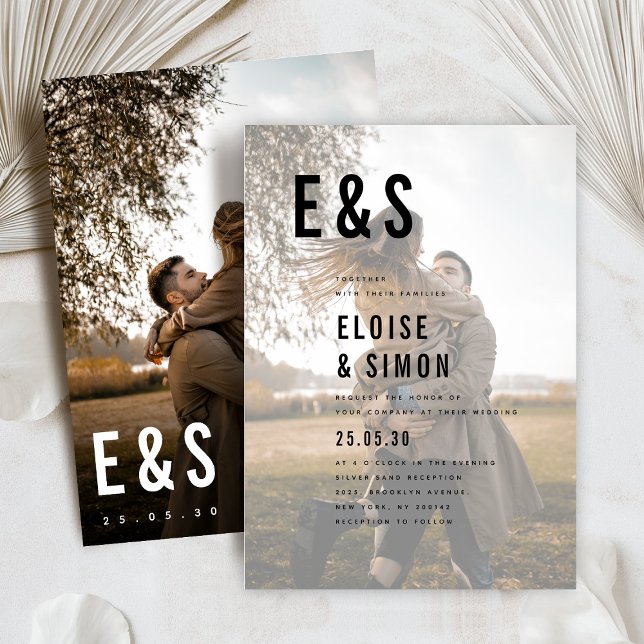 Modern Minimalist Big Bold Monogram Photo Wedding Invitation (Modern Minimalist Big Bold Monogram simple classic  Photo Wedding Invitation)