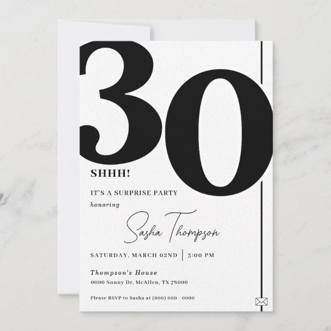 Modern minimalist black 30th birthday invitation (Front)