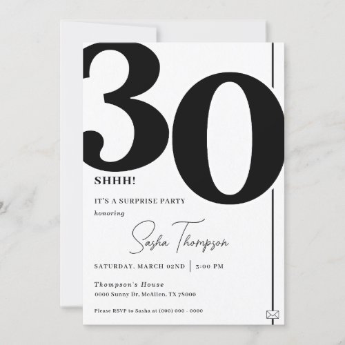 Modern minimalist black 30th birthday invitation