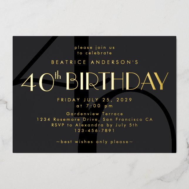 Modern Minimalist Black 40th Birthday Gold  Foil Invitation (Front)