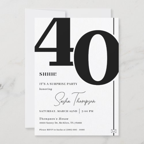 Modern minimalist black 40th birthday invitation