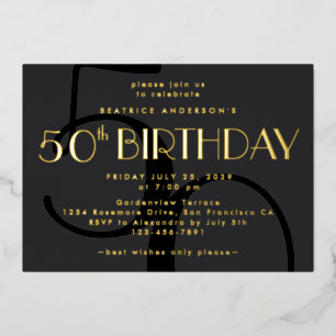 Modern Minimalist Black 50th Birthday Gold Foil Invitation