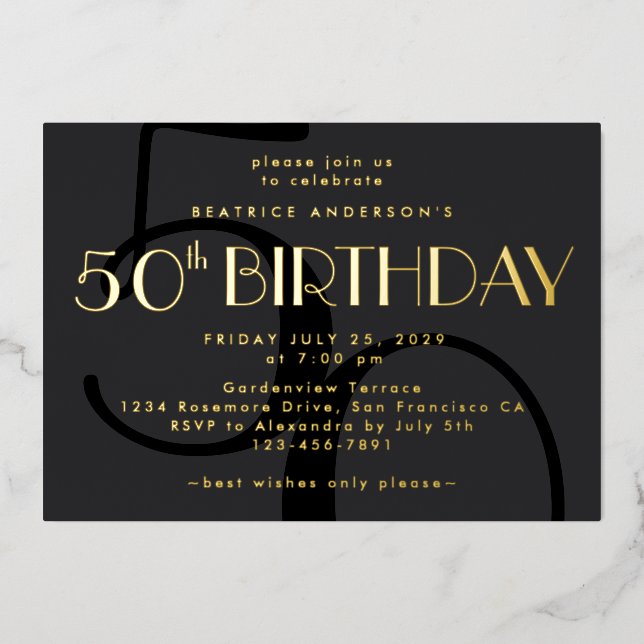 Modern Minimalist Black 50th Birthday Gold Foil Invitation (Front)