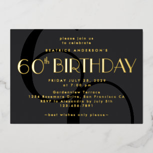 Modern Minimalist Black 60th Birthday Gold Foil Invitation