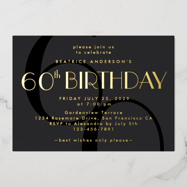 Modern Minimalist Black 60th Birthday Gold  Foil Invitation (Front)