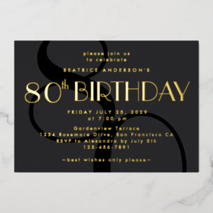 Modern Minimalist Black 80th Birthday Gold  Foil Invitation