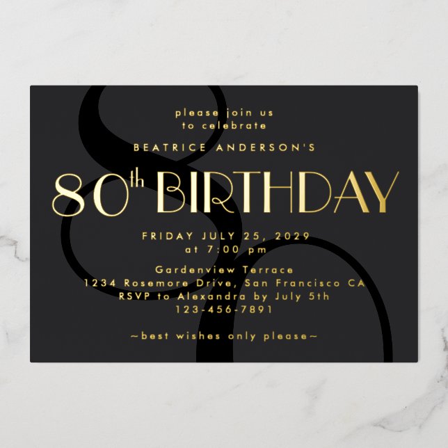 Modern Minimalist Black 80th Birthday Gold  Foil Invitation (Front)