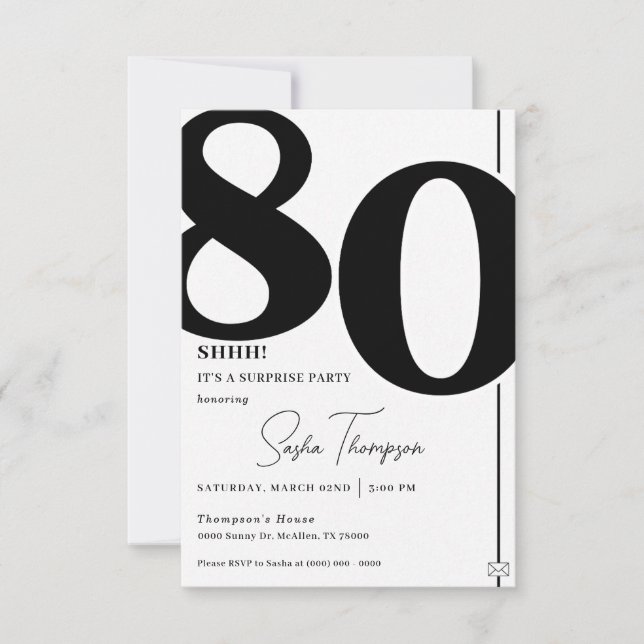 Modern minimalist black 80th birthday invitation (Front)